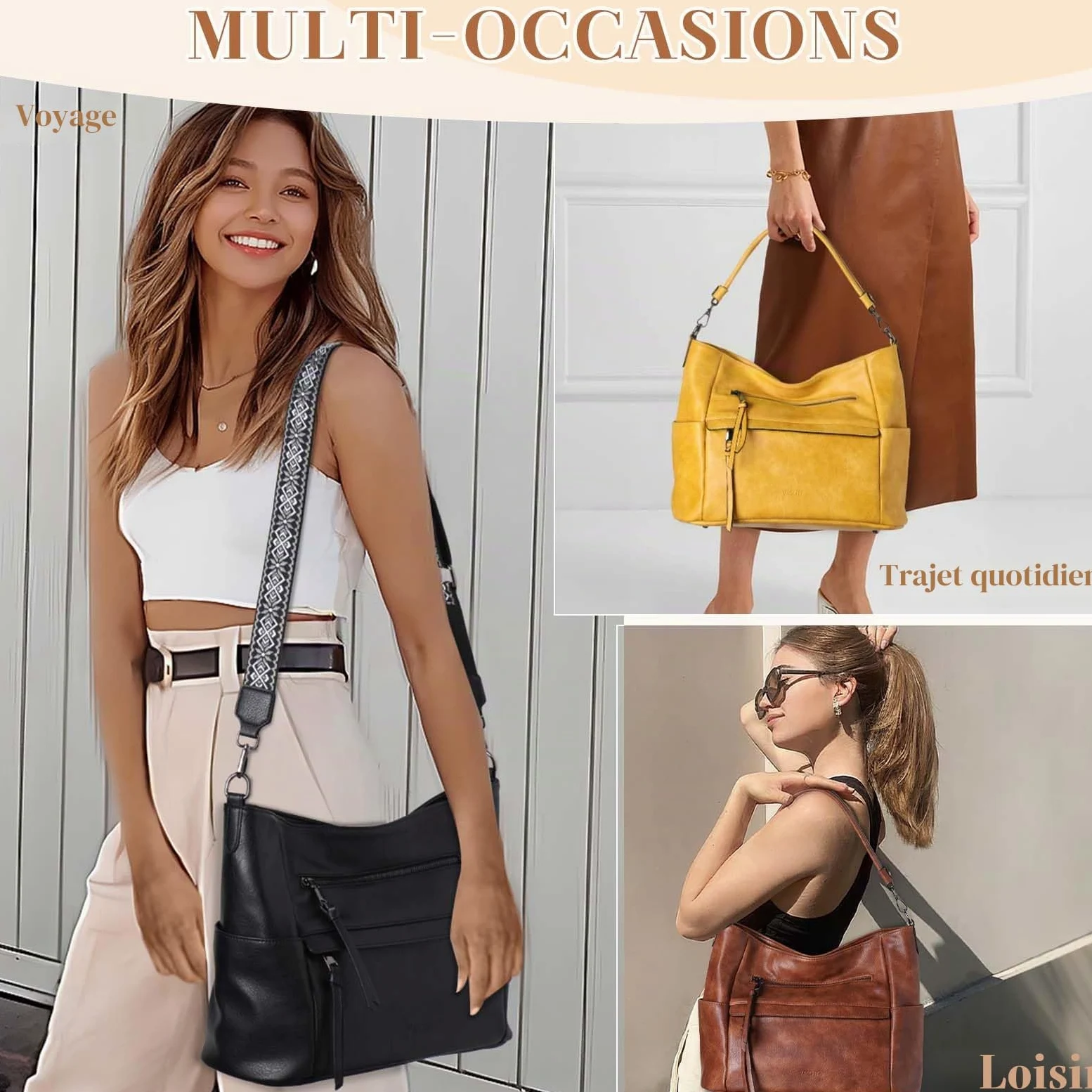 VASCHY Sac à Main Hobo Femme, Sac Bandoulière Femme Cuir PU Grande - Sacs à Main Portés Épaule/Portés Main avec Portefeuille pour Shopping, Travail et Voyage