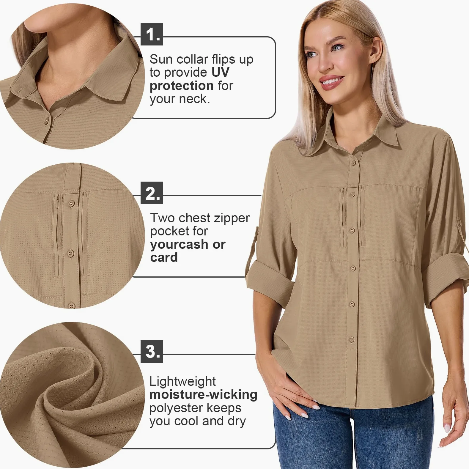 Shirts T-shirt UV UPF 50+ Safari Kleidung Wanderbluse Damen Hemdbluse Outdoor atmungsaktiv Quick Dry Sonnenschutz Langarmshirt Bluse