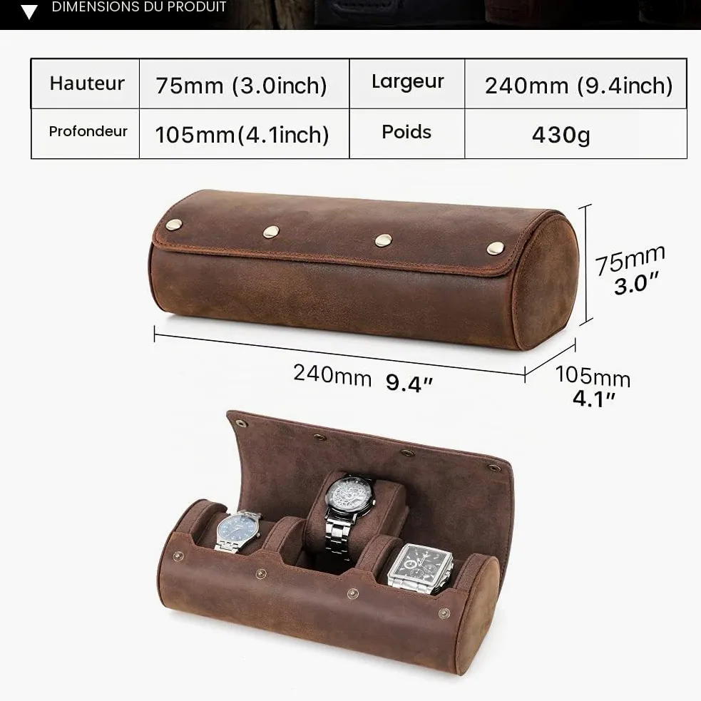 Contacts Étui de voyage en cuir véritable pour homme et femme, boîte de rangement de montre, pochette de protection à 3 emplacements pour montre
