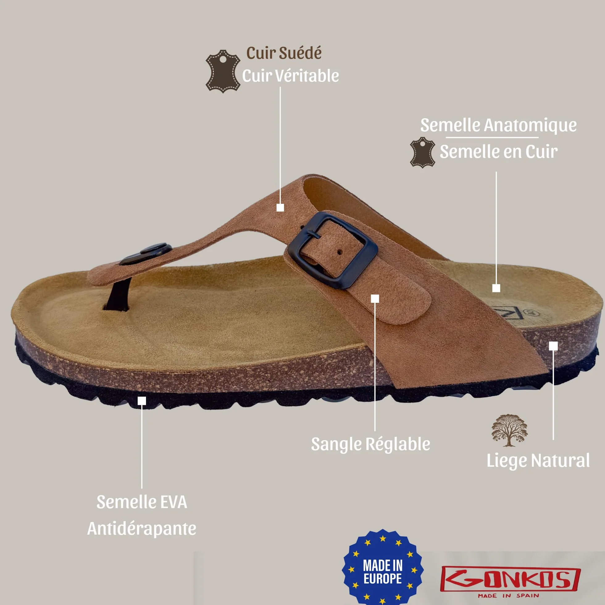 Sandales en cuir, Semelle anatomique en liège, Tongs Cuir véritable, Liège naturel, Mules en cuir, Tongs Unisexe, Semelle antidérapante en EVA, Sandale de qualité fabriquée en Espagne