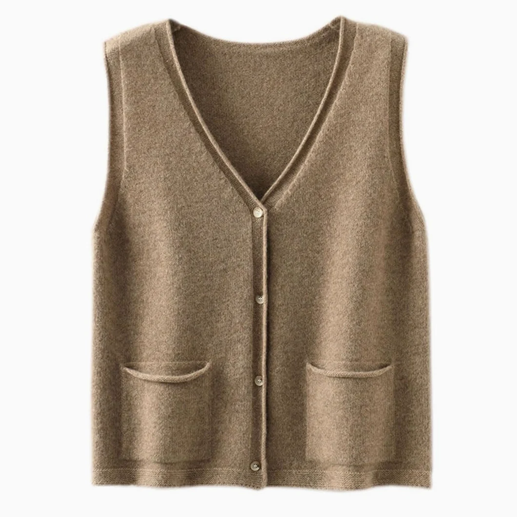 Alloaone Gilet Ample À Col en V pour Femmes, sans Manches, en Cachemire Tricoté avec Poche, Cardigan À La Taille