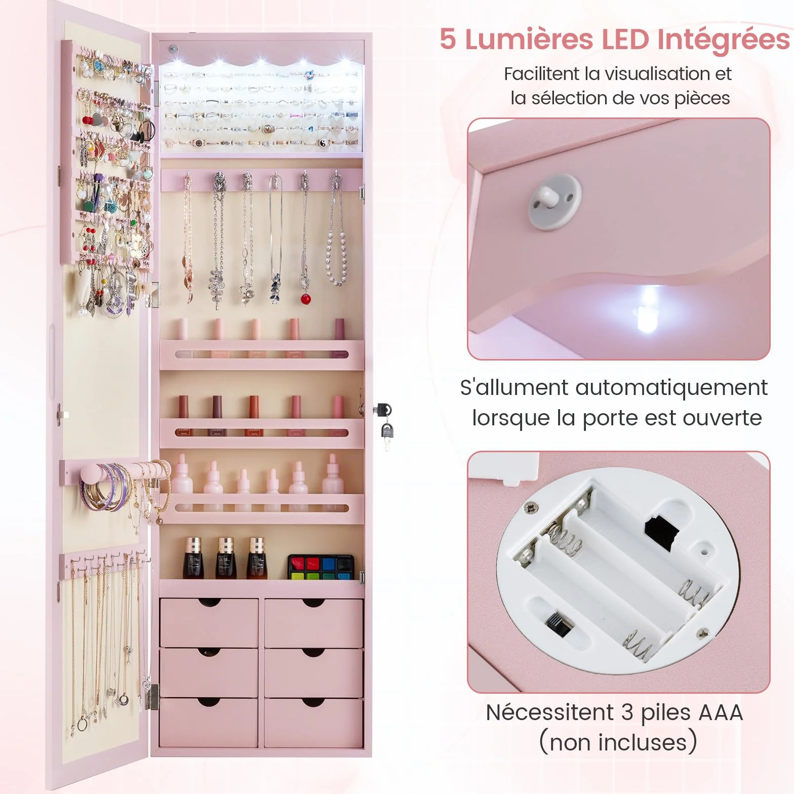 RELAX4LIFE Armoire à Bijoux Murale avec Miroir, 5 Lumières Automatiques, Miroir Rangement Bijoux avec 6 Tiroirs pour Boucles d'Oreilles Colliers Cosmétiques (Rose | Tiroir en MDF)