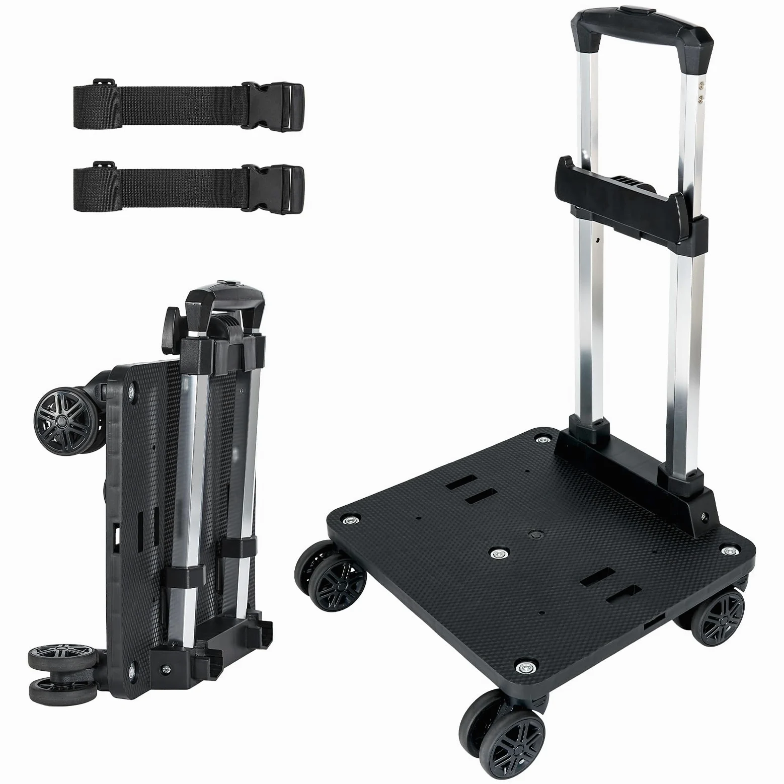 Amythe Chariot pour Sac à Dos, Trolley Scolaire Universel Pliable avec 5 Roues et 2 Sangles de Fixation pour Cartable et Bagages de Voyage, Hauteur Réglable, Noir