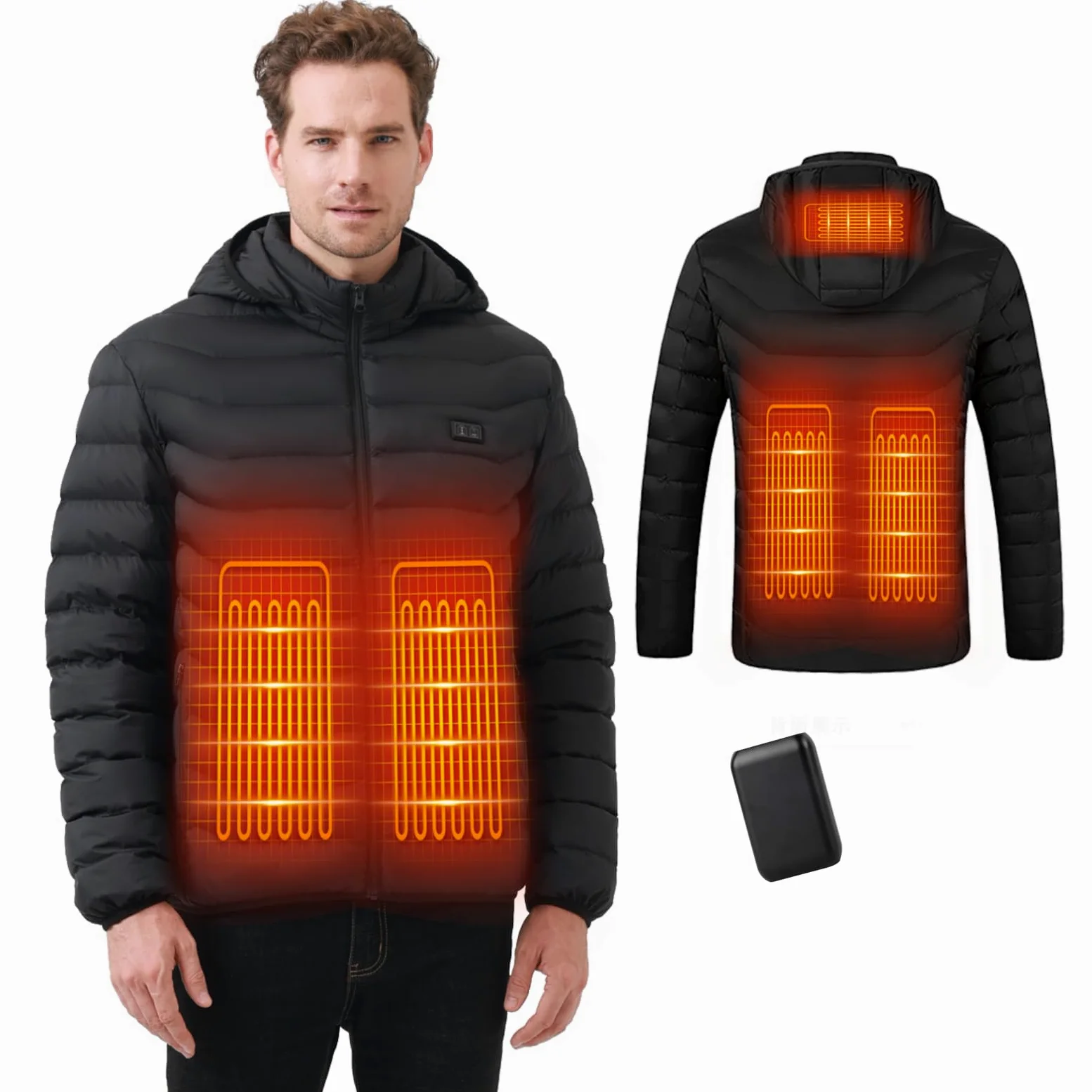 Veste Chauffante Homme et Femme - Blouson Chauffant USB Électrique avec Batterie 10000mAh, 5 Zones Chauffantes & 3 Niveaux de Température - Manteau Doudoune à Capuche pour Hiver et Moto