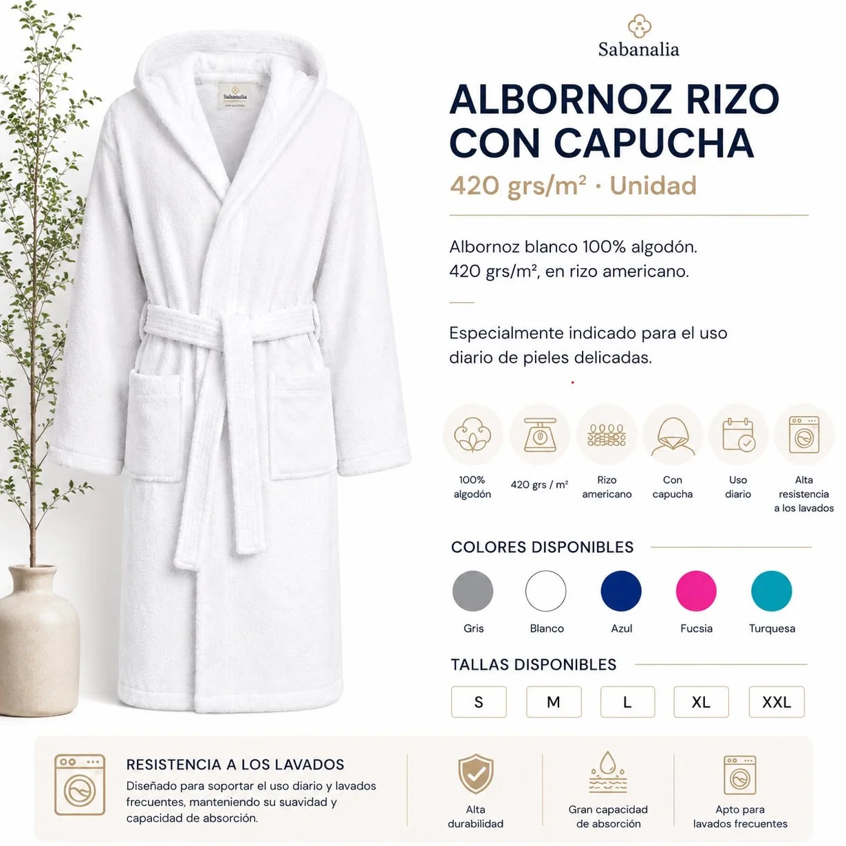 SABANALIA Peignoir unisexe en tissu éponge avec capuche, 420 g/m², 100% coton, double poche, disponible en plusieurs tailles et couleurs, ceinture ajustable, haute capacité d'absorption