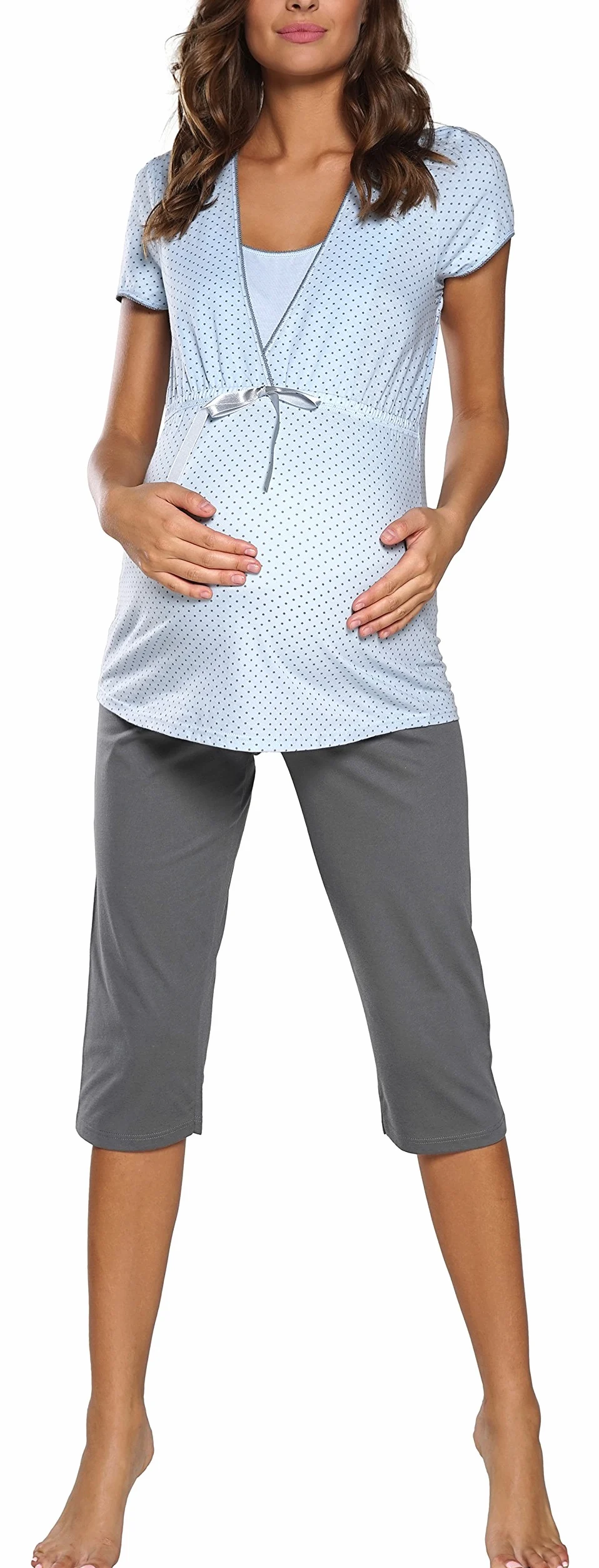 Italian Fashion Pyjama Femme Enceinte | Pyj' Allaitement Coton | Tenue Maternité Accouchement | 2 Pièces avec T-Shirt Manches Courtes & et 3/4 Pantalon | Pyjama Grossesse et Maternité S-XXL