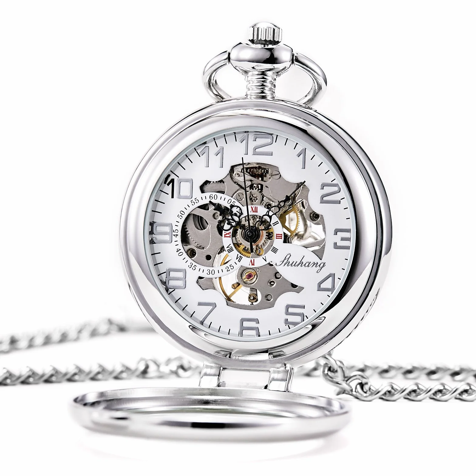 TREEWETO Montre de Poche Mécanique Steampunk pour Homme et Femme, Cadran Squelette Argenté avec Chaîne + Boîte, Argenté, Rétro