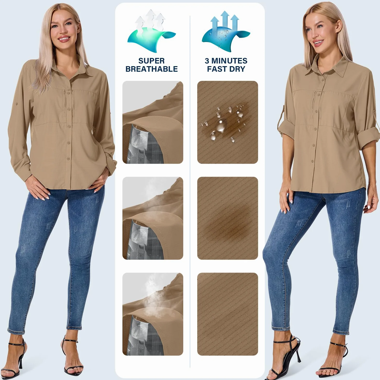 Shirts T-shirt UV UPF 50+ Safari Kleidung Wanderbluse Damen Hemdbluse Outdoor atmungsaktiv Quick Dry Sonnenschutz Langarmshirt Bluse