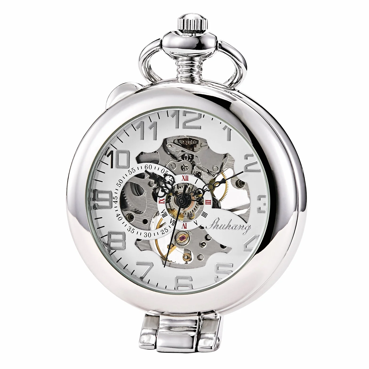 TREEWETO Montre de Poche Mécanique Steampunk pour Homme et Femme, Cadran Squelette Argenté avec Chaîne + Boîte, Argenté, Rétro
