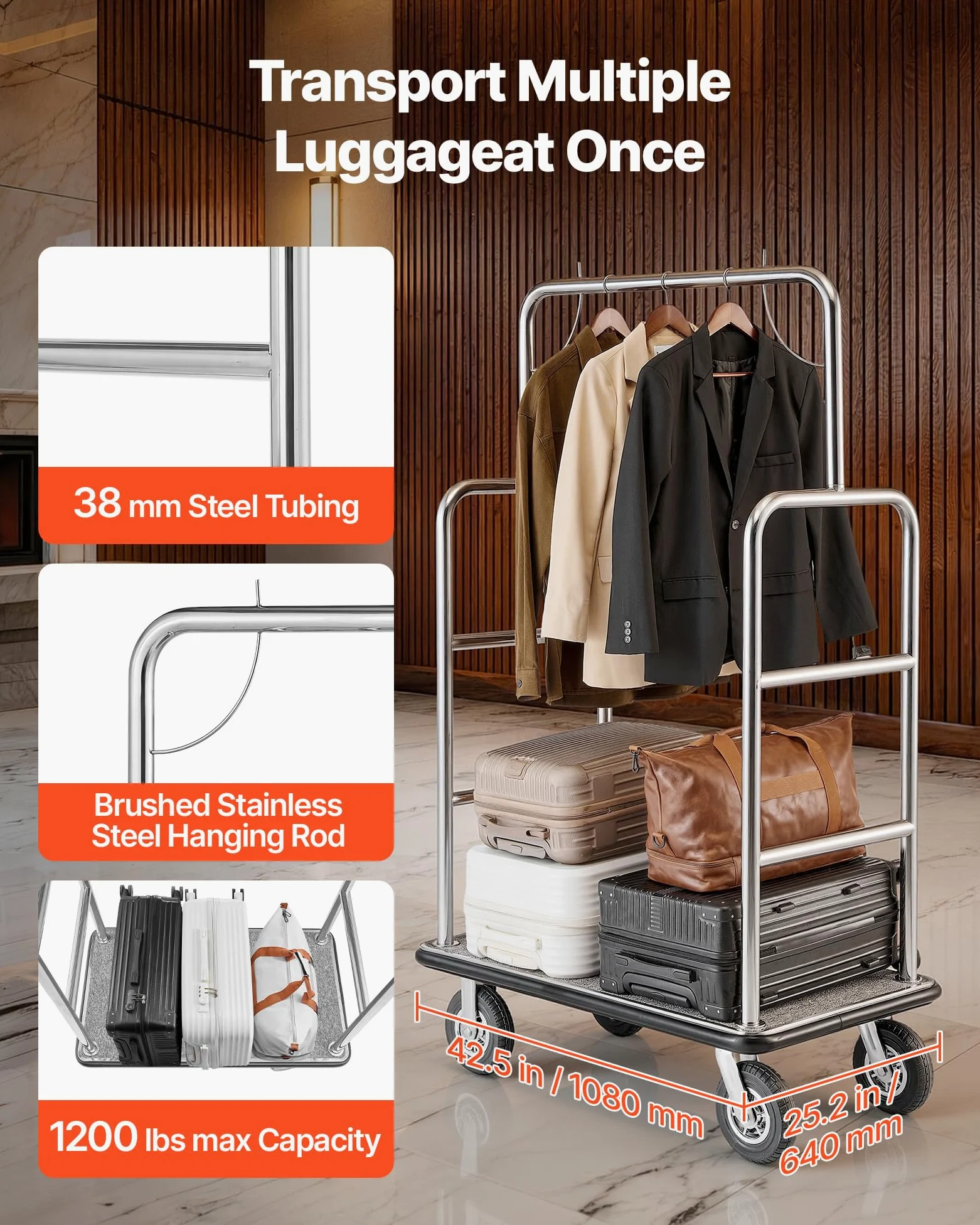 VEVOR Chariot à Bagages Hôtel, 544 kg, Chariot à Plate-Forme de Concierge, Finition INOX Brossé, avec Moquette Grise, Roues Caoutchouc 20,32 cm, Porte-Bagages pour Hôtels, Condos, Complexes Hôteliers