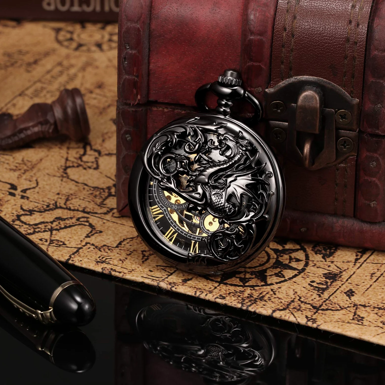 Treewo Montre de Poche Unisexe avec chaîne et rehausseur à Main analogique avec Double charnière et Squelette en Bronze