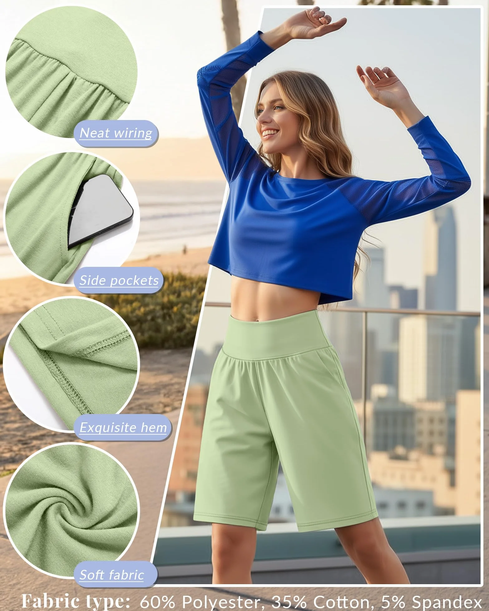 Neer Lot de 3 Bermudas Femme Taille Haute Confortables Extensibles Style Décontracté Longueur Genou Short d'Été à Poches