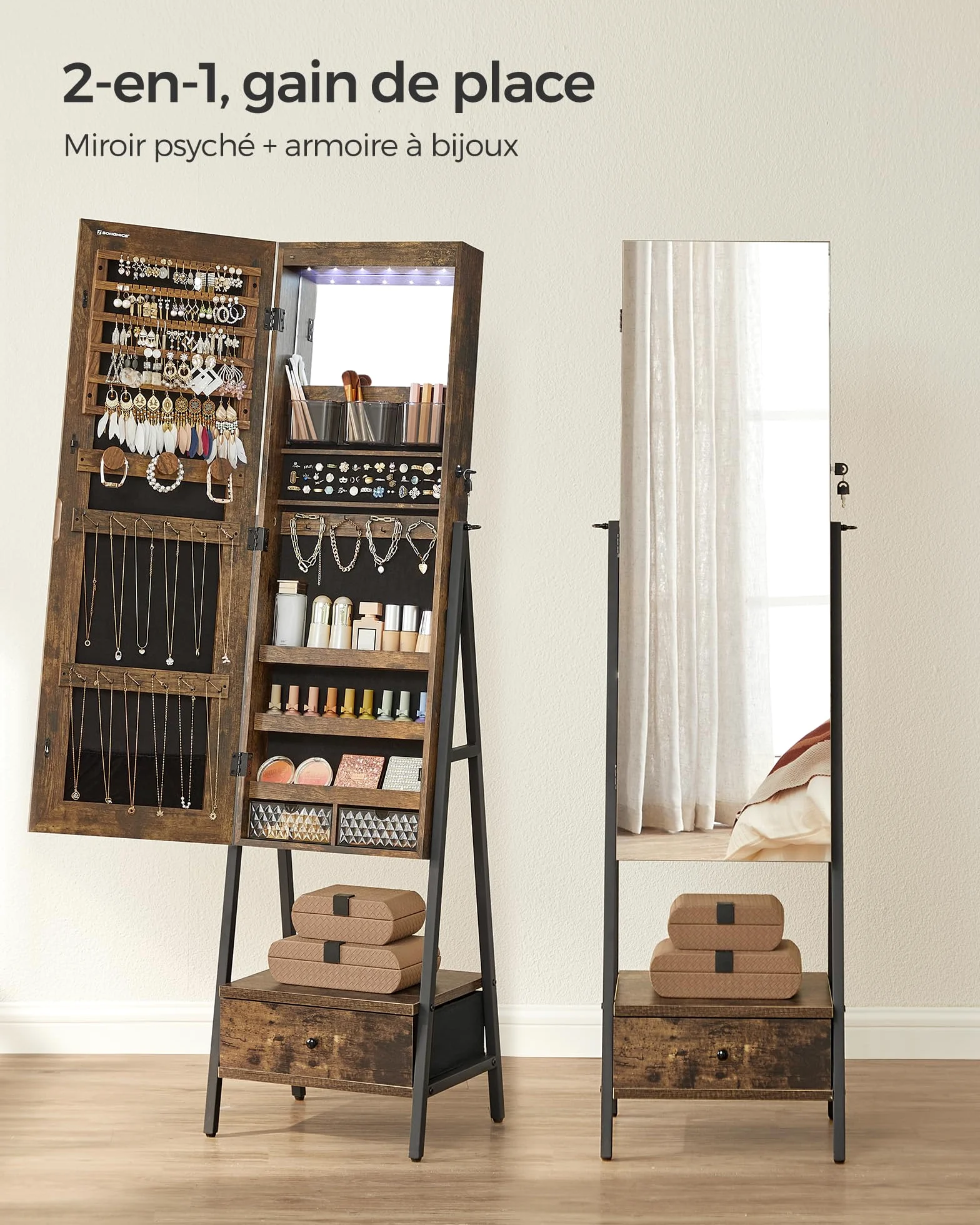 SONGMICS Armoire à bijoux LED sur pied, verrouillable avec miroir pleine longueur, organiseur de bijoux compact avec tiroir et étagère, idée cadeau, marron rustique JJC025X01