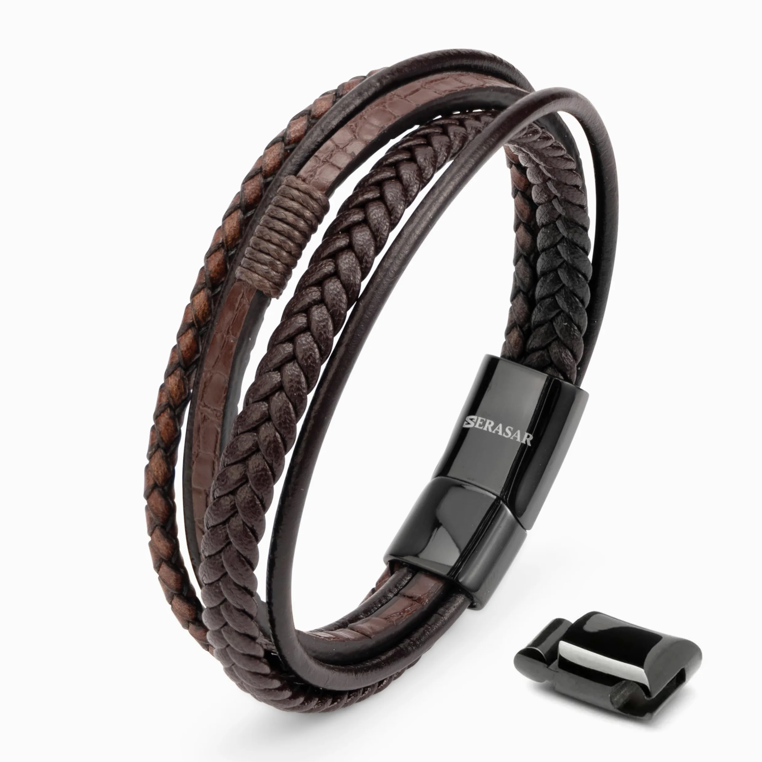 SERASAR | Bracelet Haut de Gamme pour Homme en Cuir Véritable Noir et Marron | Fermoir Magnétique en Acier Inoxydable | Coffret à Bijoux Inclus | Idée Cadeau Idéale