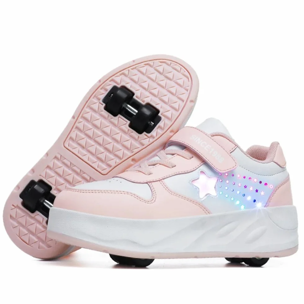 Mateju Patins Baskets Enfant Étoile Brillante 4 Roulettes Amovible Garçons Filles Chaussures de Skateboard Sport Extérieur