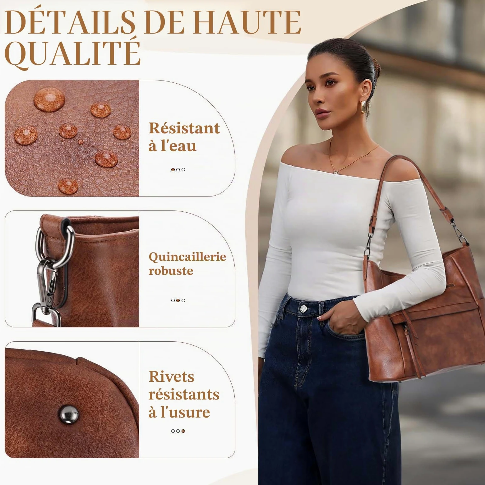 VASCHY Sac à Main Hobo Femme, Sac Bandoulière Femme Cuir PU Grande - Sacs à Main Portés Épaule/Portés Main avec Portefeuille pour Shopping, Travail et Voyage