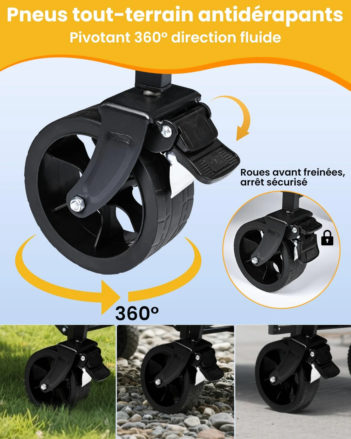 YEAUPE PRO Chariot de Plage Pliable Capacité Max. 125L 100KG, Chariot de Transport à roulettes Tout Terrain Poignée Réglable Charrette pour Extérieur Camping Pique, avec Poche intérieure