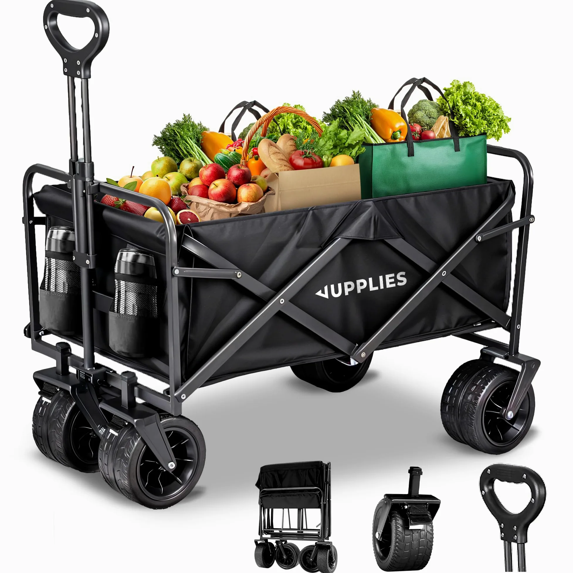 JUPPLIES Chariot Pliable à roulettes Grandes 150KG – Chariot de Jardin, Plage et Courses | Chariot de Transport Pliable Tout Terrain avec Poignée Télescopique et Tissu Oxford 600D Imperméable