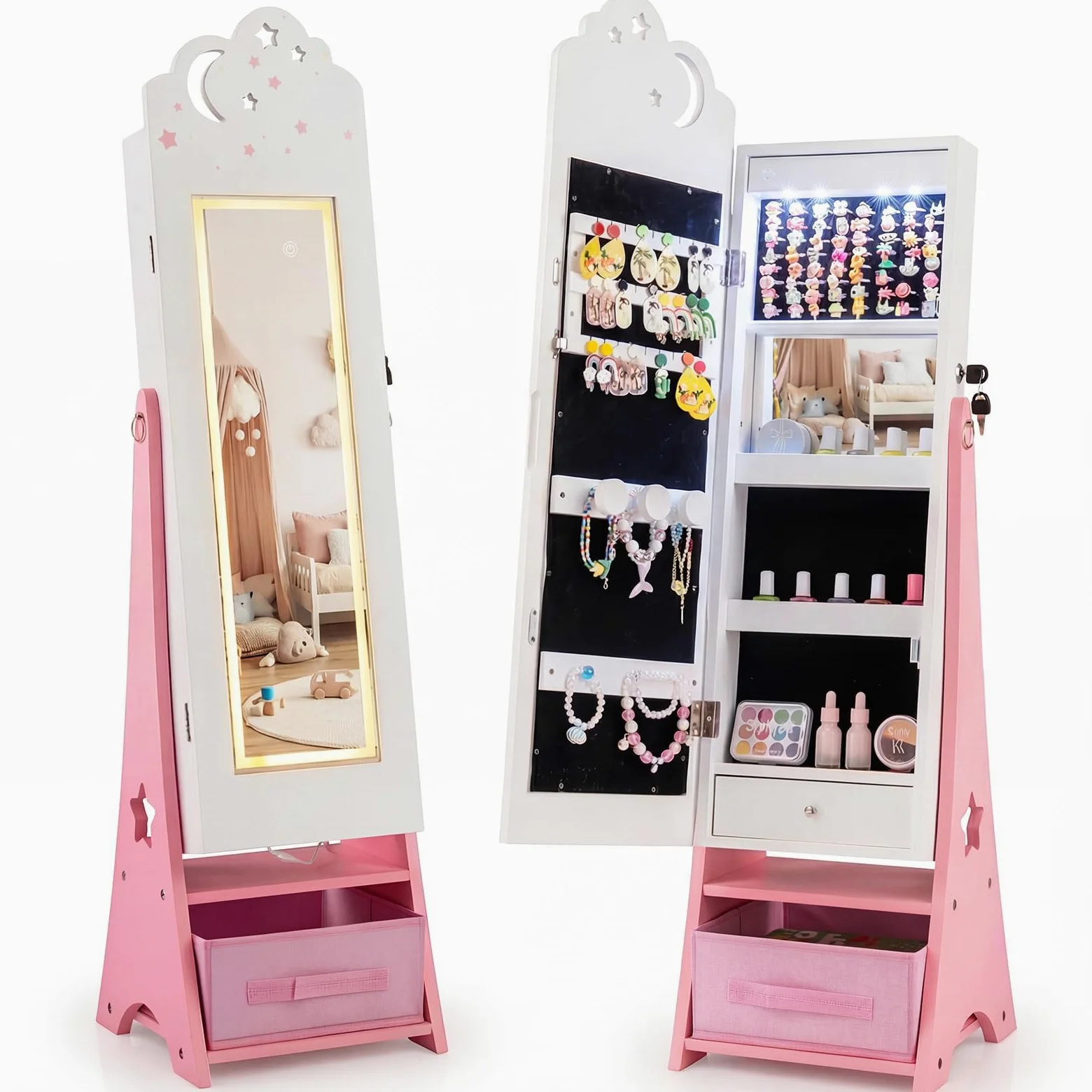 FANTASK Armoire à bijoux pour enfants - Armoire miroir avec éclairage LED et miroir complet - Verrouillable - Organiseur de bijoux inclinable avec miroir intérieur et tiroirs - Pour chambre d'enfant