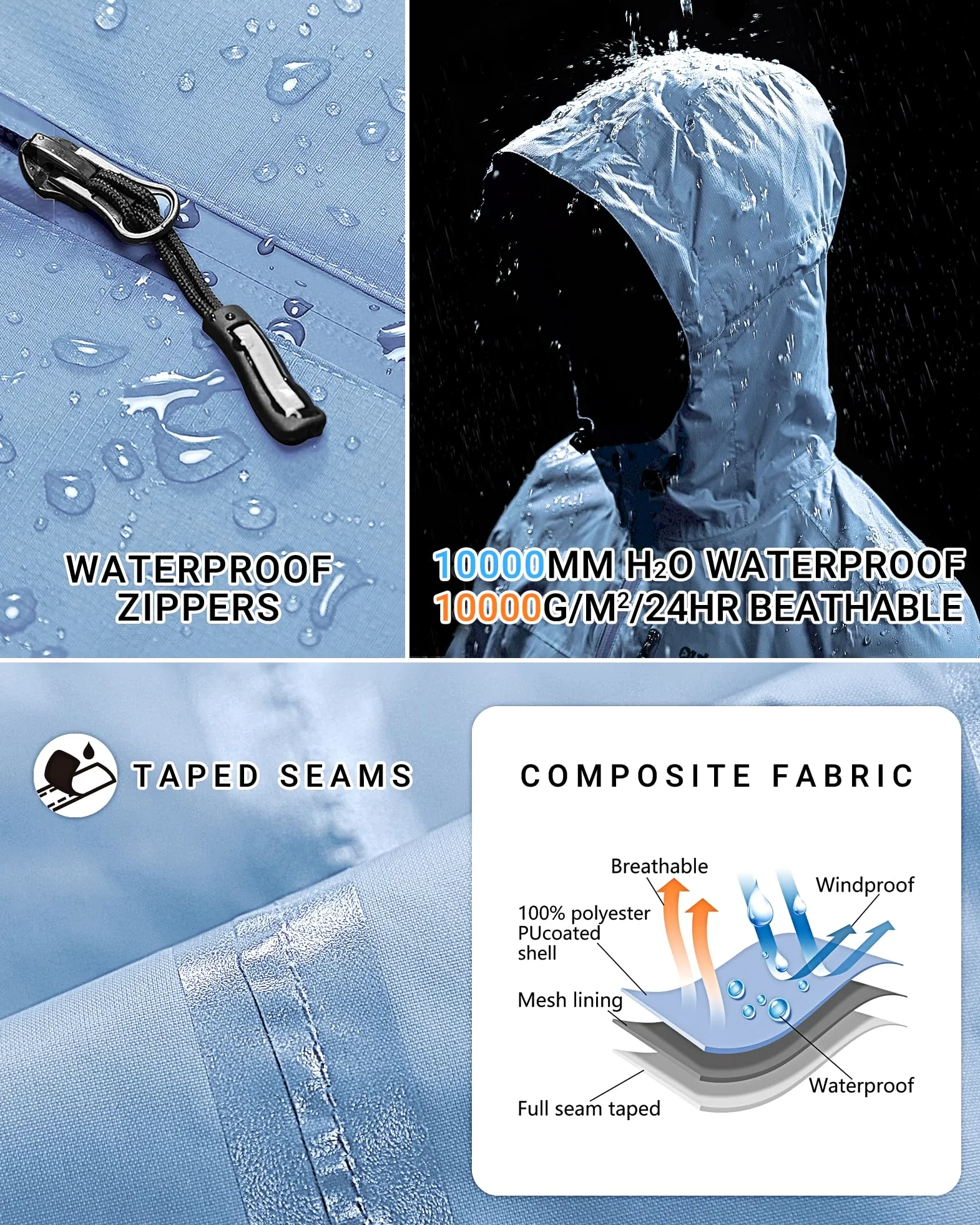 Outdoor Ventures Veste imperméable pour femme - Légère - Coupe-vent - Pliable - Veste de pluie pour l'extérieur, la course à pied, le golf, le cyclisme - Veste softshell avec capuche