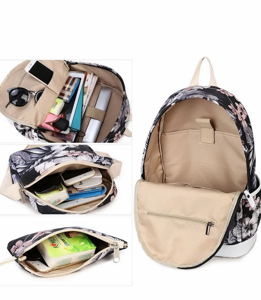 Acmebon Sac à dos décole fashion pour filles, Sac à dos Casual pour ordinateur portable - Ensemble de 3 pièces pour femmes Floral