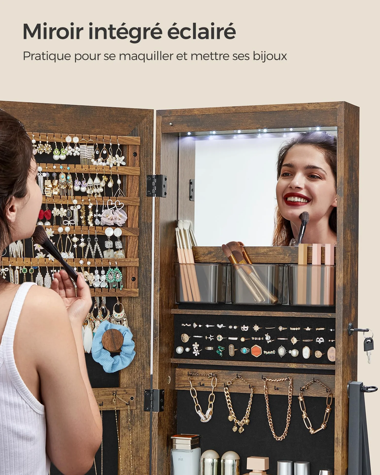 SONGMICS Armoire à bijoux LED sur pied, verrouillable avec miroir pleine longueur, organiseur de bijoux compact avec tiroir et étagère, idée cadeau, marron rustique JJC025X01