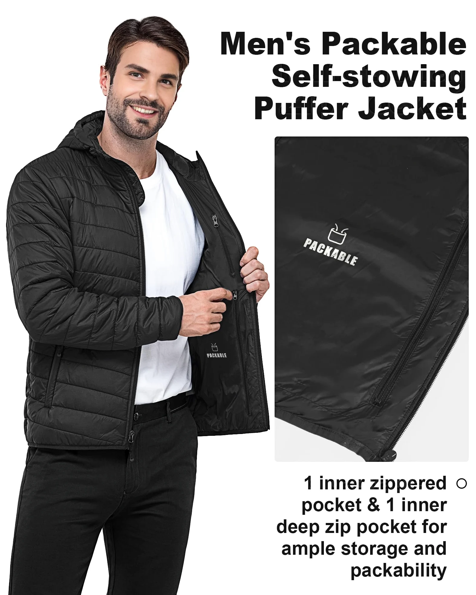 Outdoor Ventures Veste matelassée imperméable pour homme - Veste à capuche légère et imperméable - Avec poches