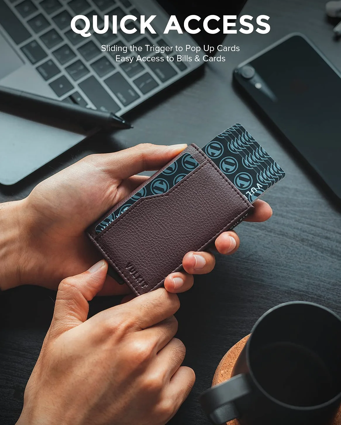VULKIT Porte Cartes de Crédit avec Double Fenêtre d'Identification RFID Bloquant Le Portefeuille Automatique de Cartes Pop Up pour Cartes et Billets