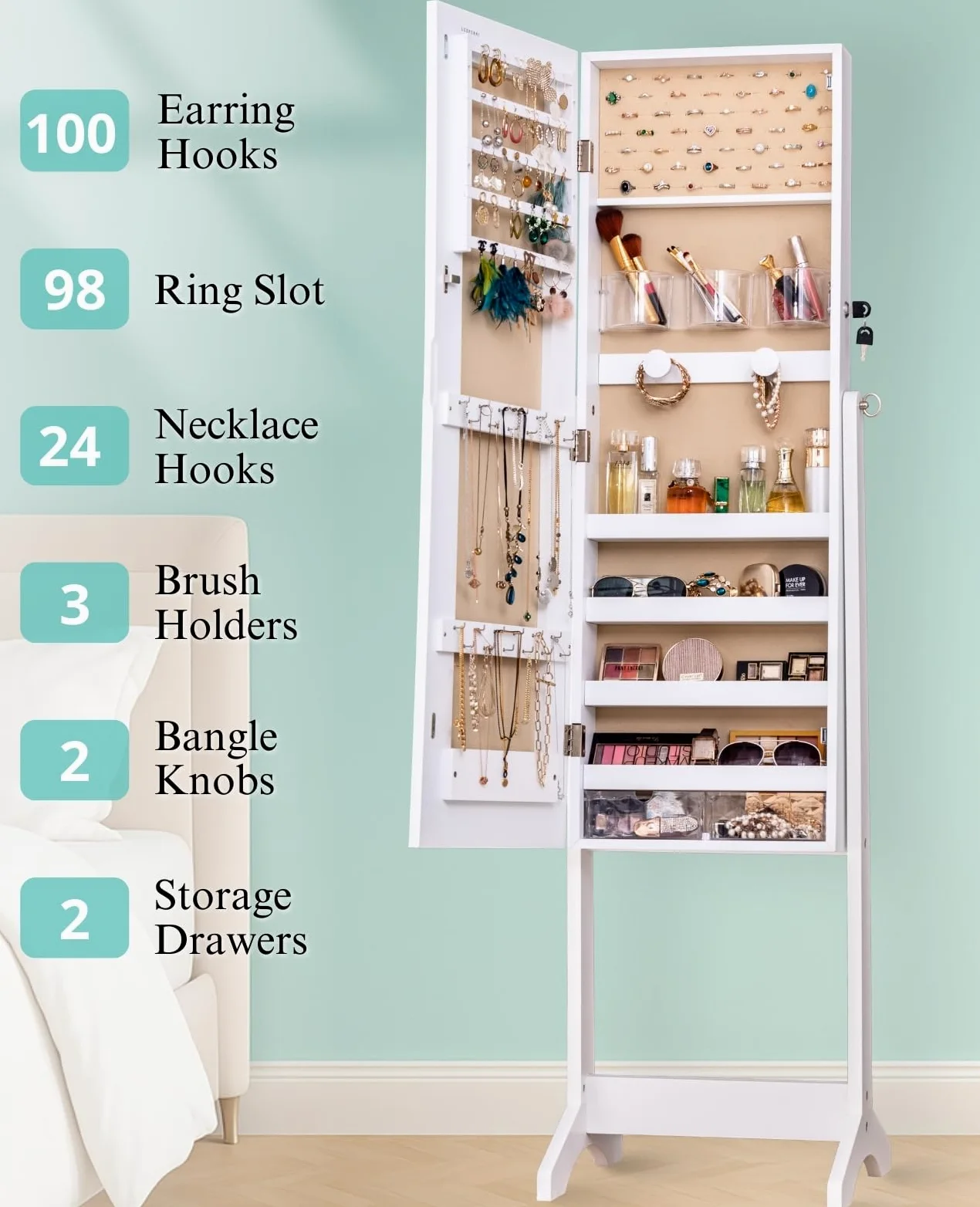 LUXFURNI Miroir LED sur pied, armoire à bijoux, miroir pleine longueur avec rangement de bijoux, 3 modes de couleur, 3 angles réglables, miroir de rangement verrouillable, blanc