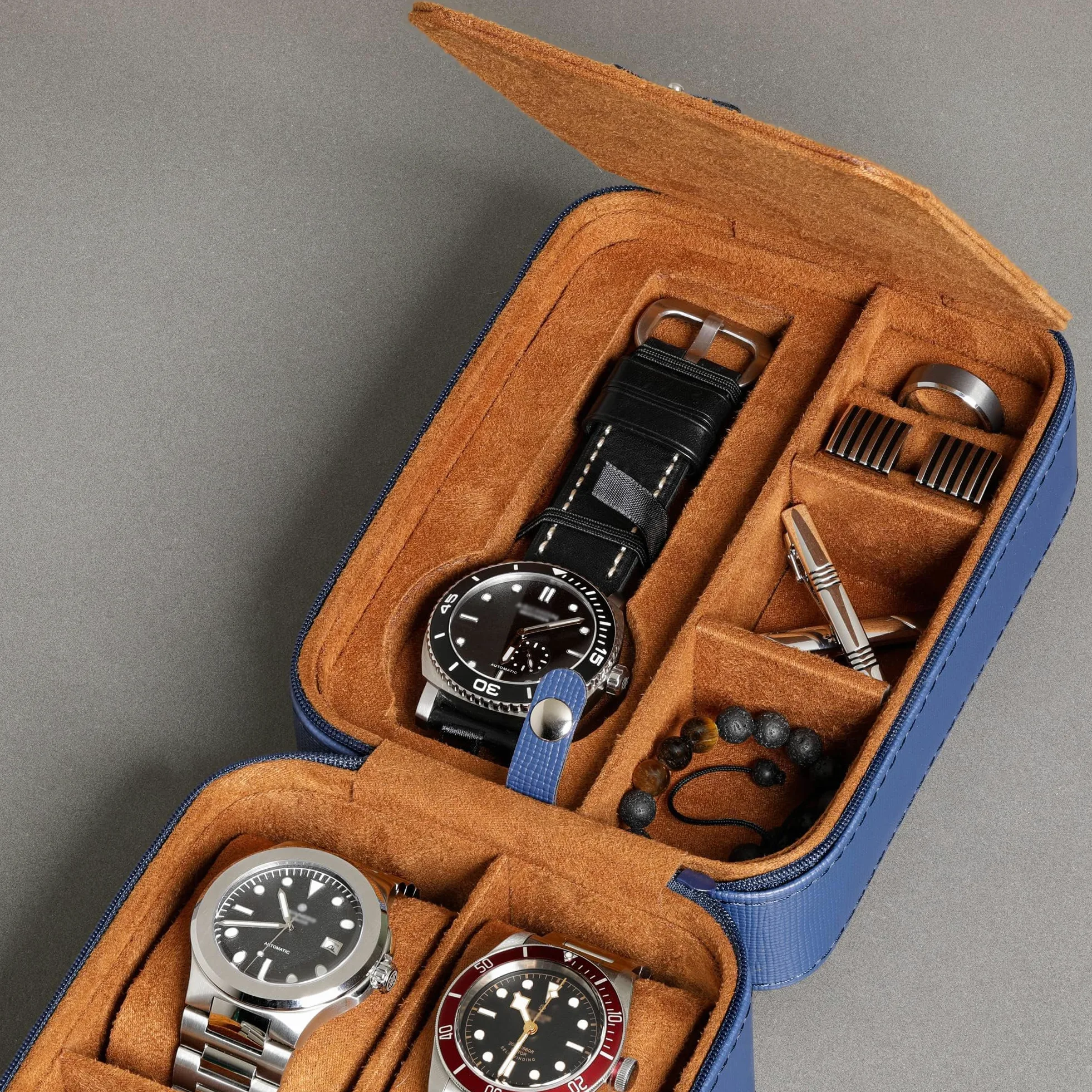 ROTHWELL Étui de voyage pour 5 montres, Ecrins pour montres - Protection robuste et portable avec fermeture éclair - S'adapte à toutes les montres jusqu'à 50 mm (BleuBeige)