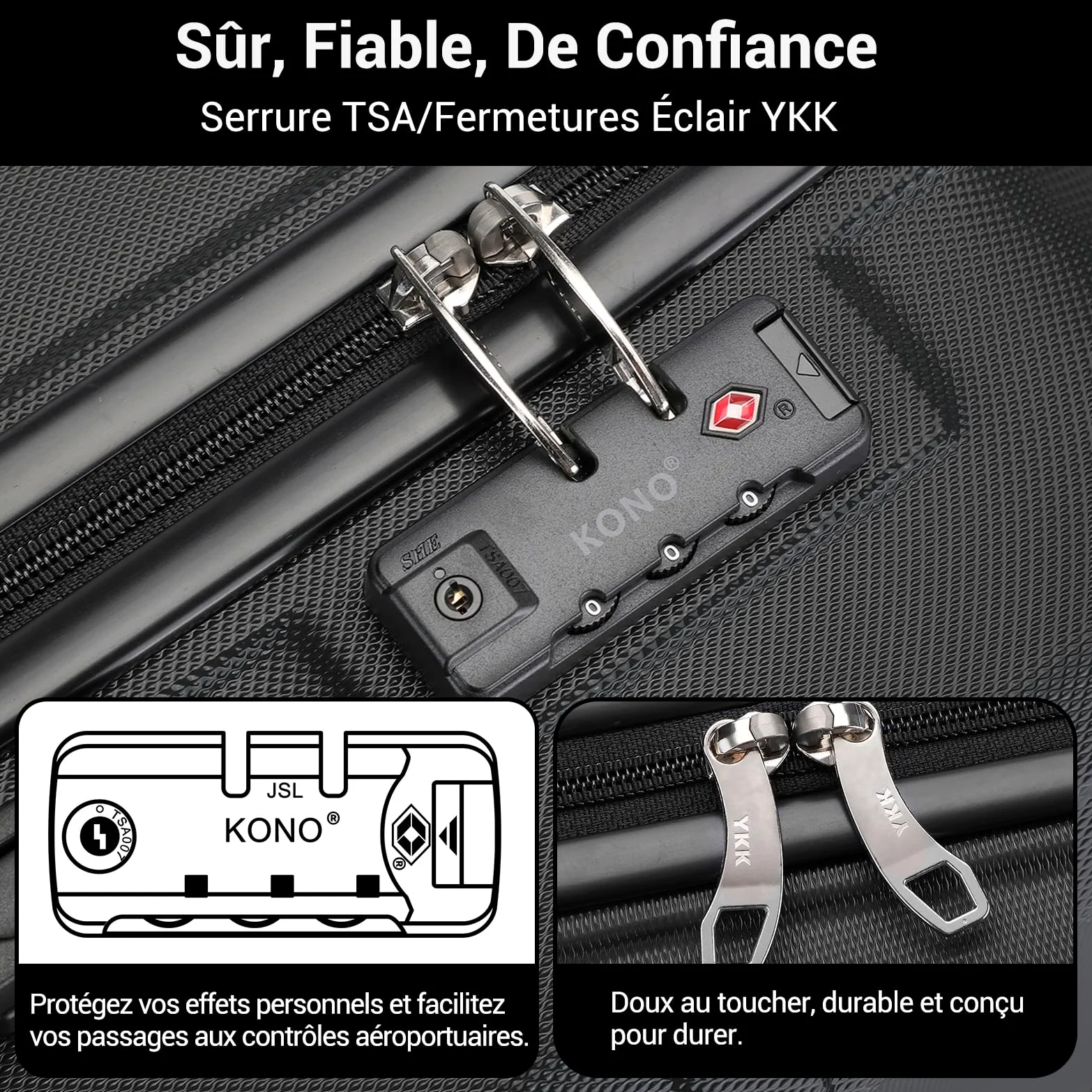 Kono Valise Grande 74cm Rigide ABS Valise de Voyage 28 Pouces à 4 roulettes et Serrure TSA Valise de Mode, Noir