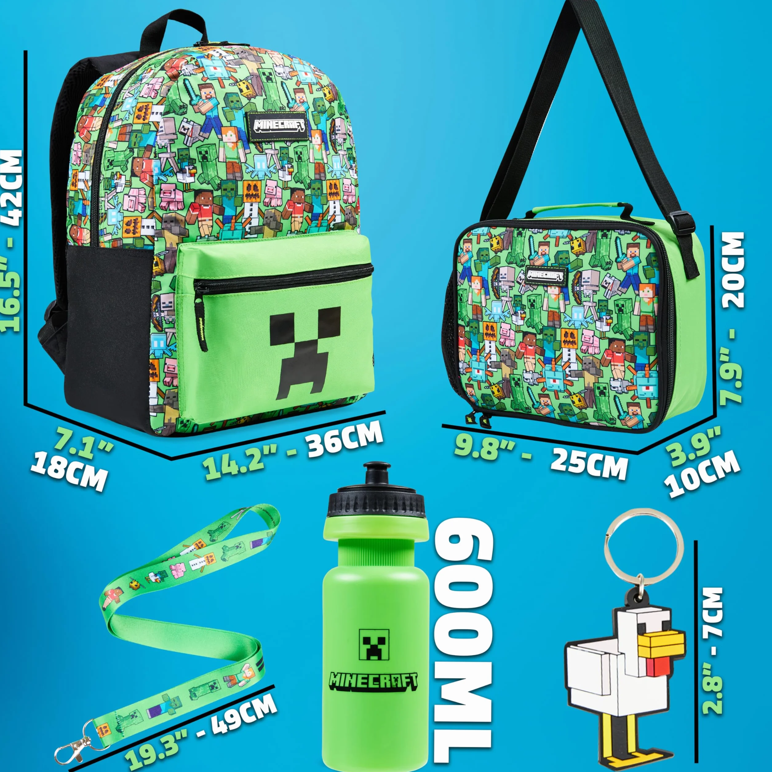 Minecraft Sac à Dos Enfant 5 Pièces Bouteille d'eau Sac Repas Isotherme Kawaii Trousse Sac à Cordon ou Lanière et Porte Clés (Vert AOP)
