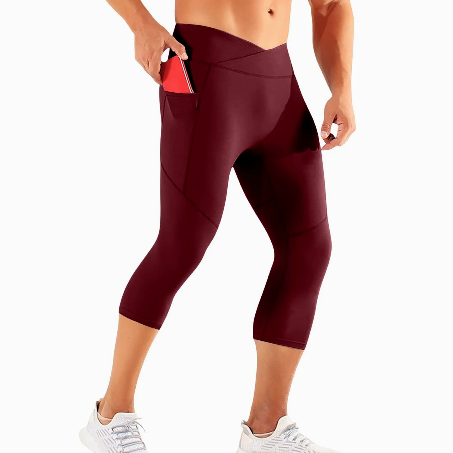 Legging de compression 3/4 pour homme - Taille haute - Collant de course à pied - Gym Fitness Entraînement Cultures - Séchage rapide - Couche de base - Pantalon athlétique