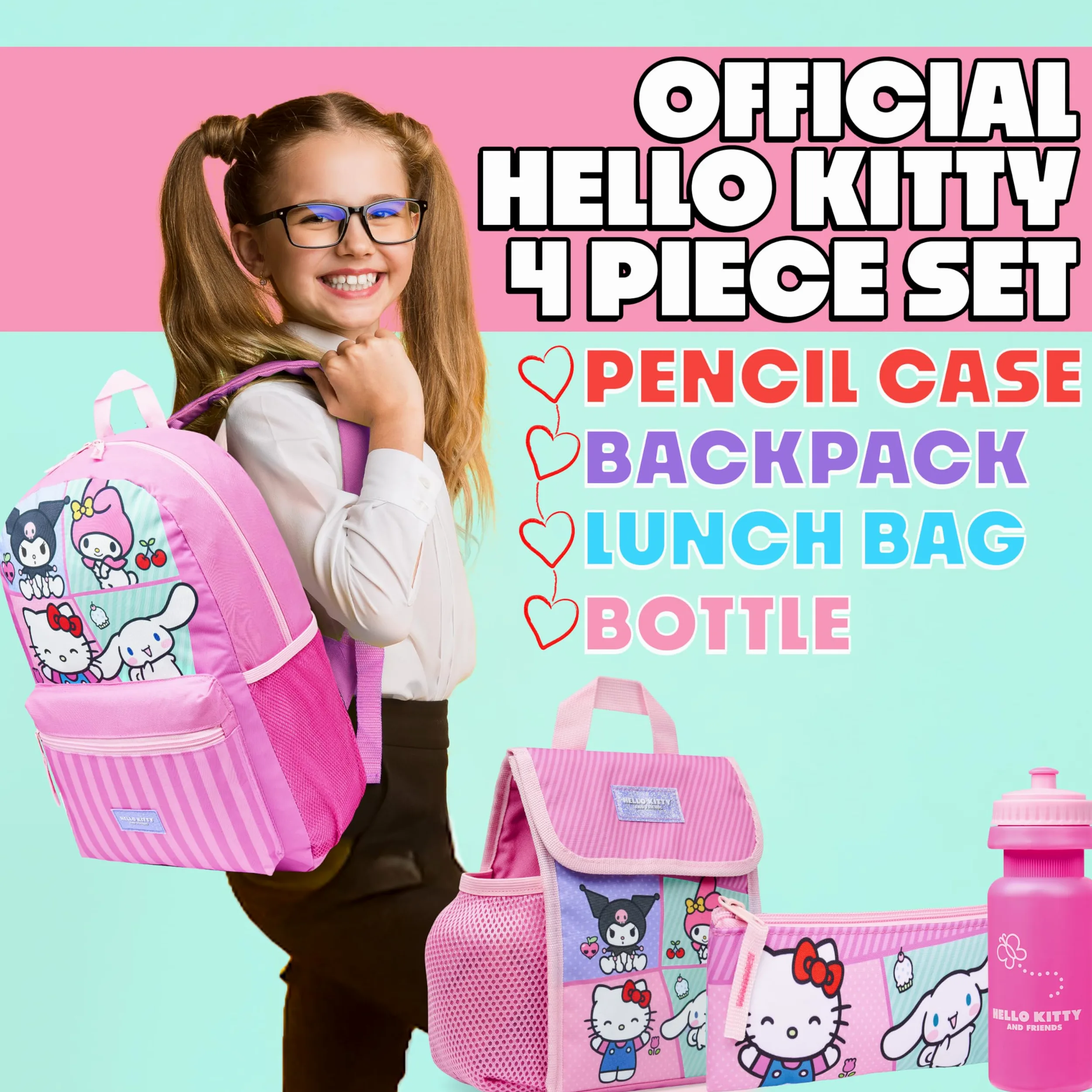 Hello Kitty Sanrio Sac à Dos Fille Kit Scolaire 4 Pièces Trousse Kawaii Sac Isotherme Repas Gourde 600ml Kuromi Cinnamoroll