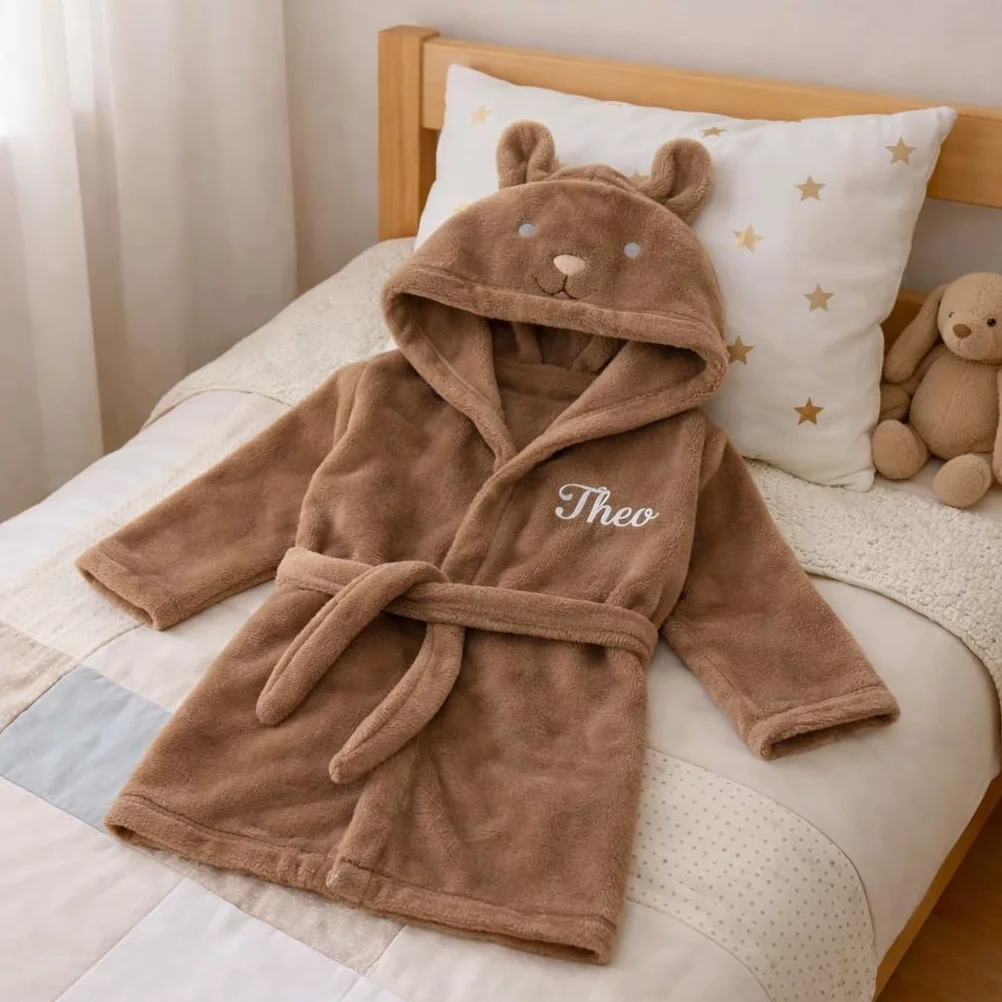 Générique Peignoir Enfant personnalisé avec prénom brodé – Marron avec Capuche à Oreilles – Cadeau Naissance ou Anniversaire – De 2 à 6 Ans (Marron)