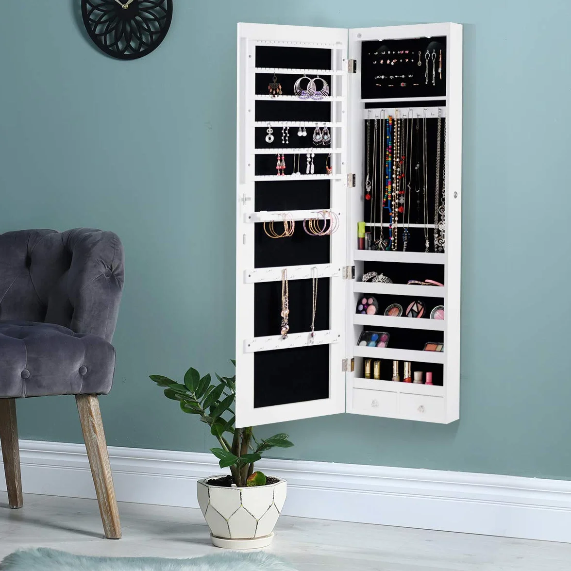 GIANTEX Armoire à Bijoux avec Miroir, Porte Bijoux Mural avec Lumière LED, Rangement avec Miroir Porte,Verrouillable (Blanc)