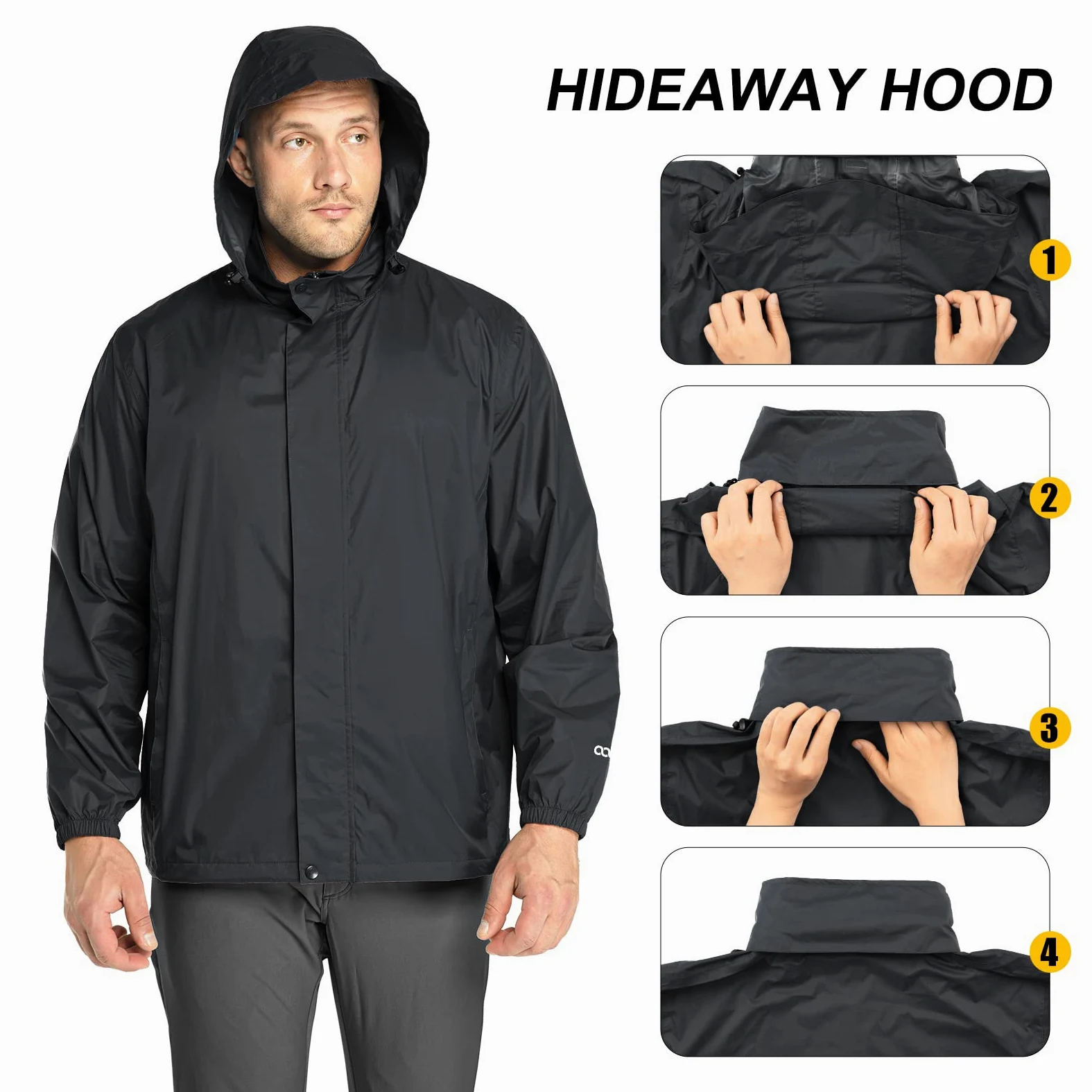 33,000ft Veste de pluie pliable avec capuche rangeable, légère et imperméable, coupe-vent, pour activité en plein air, pour homme