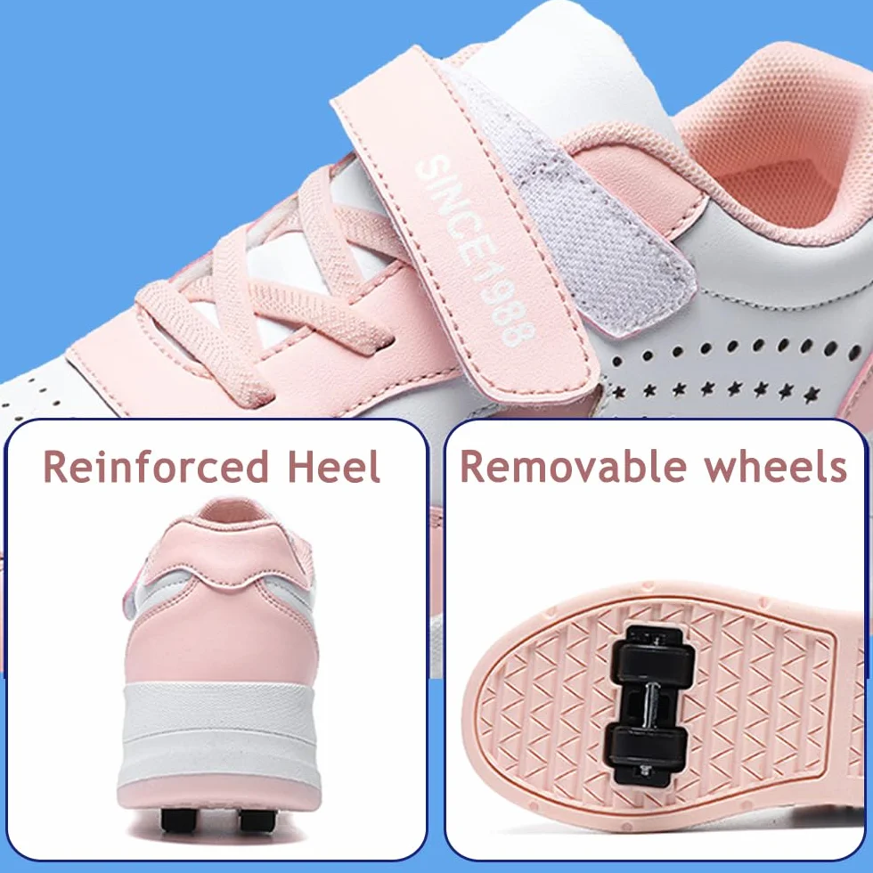 Mateju Patins Baskets Enfant Étoile Brillante 4 Roulettes Amovible Garçons Filles Chaussures de Skateboard Sport Extérieur