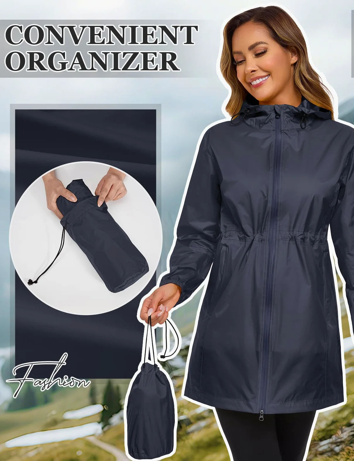 Vancavoo Veste Imperméable Femme Chic Long Manteau de Pluie Coupe Vent avec Capuche Poncho avec Poche