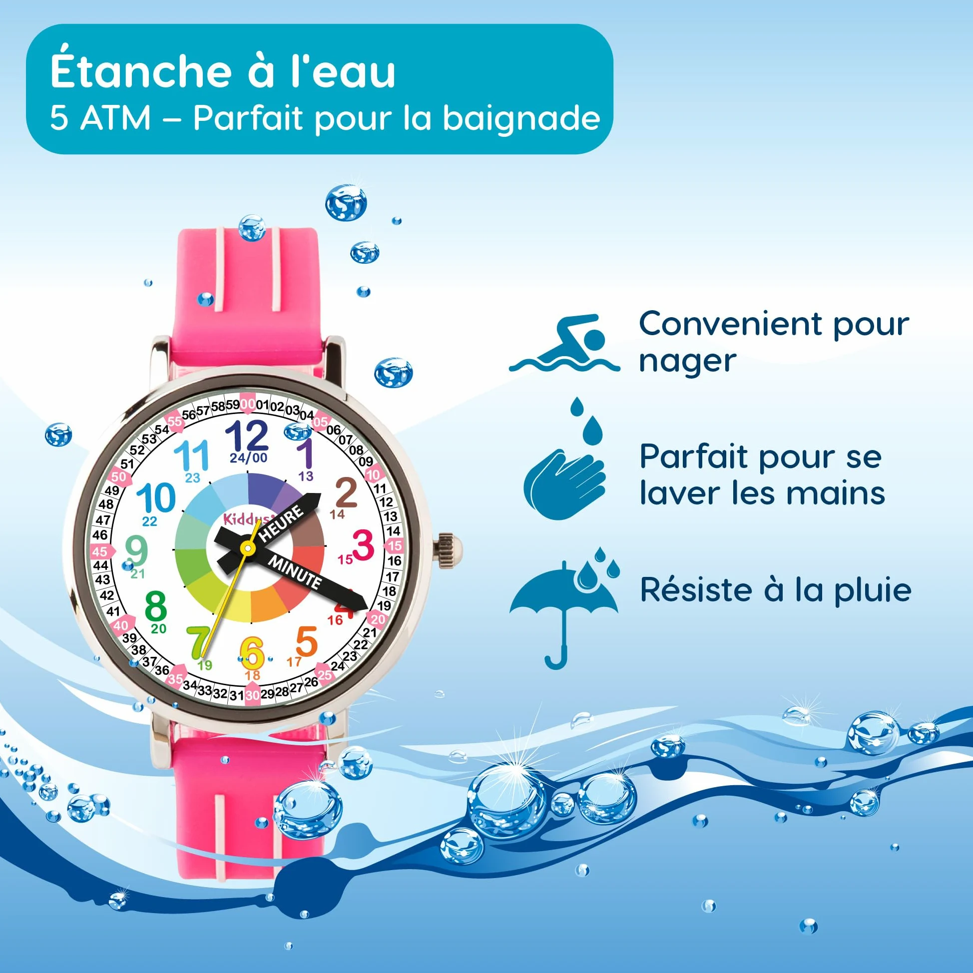 Kiddus Montre Enfant Fille et Garçon à partir de 5 Ans, Montre Éducative Analogique à Aiguilles, Apprentissage de l'Heure, Mouvement Japonais