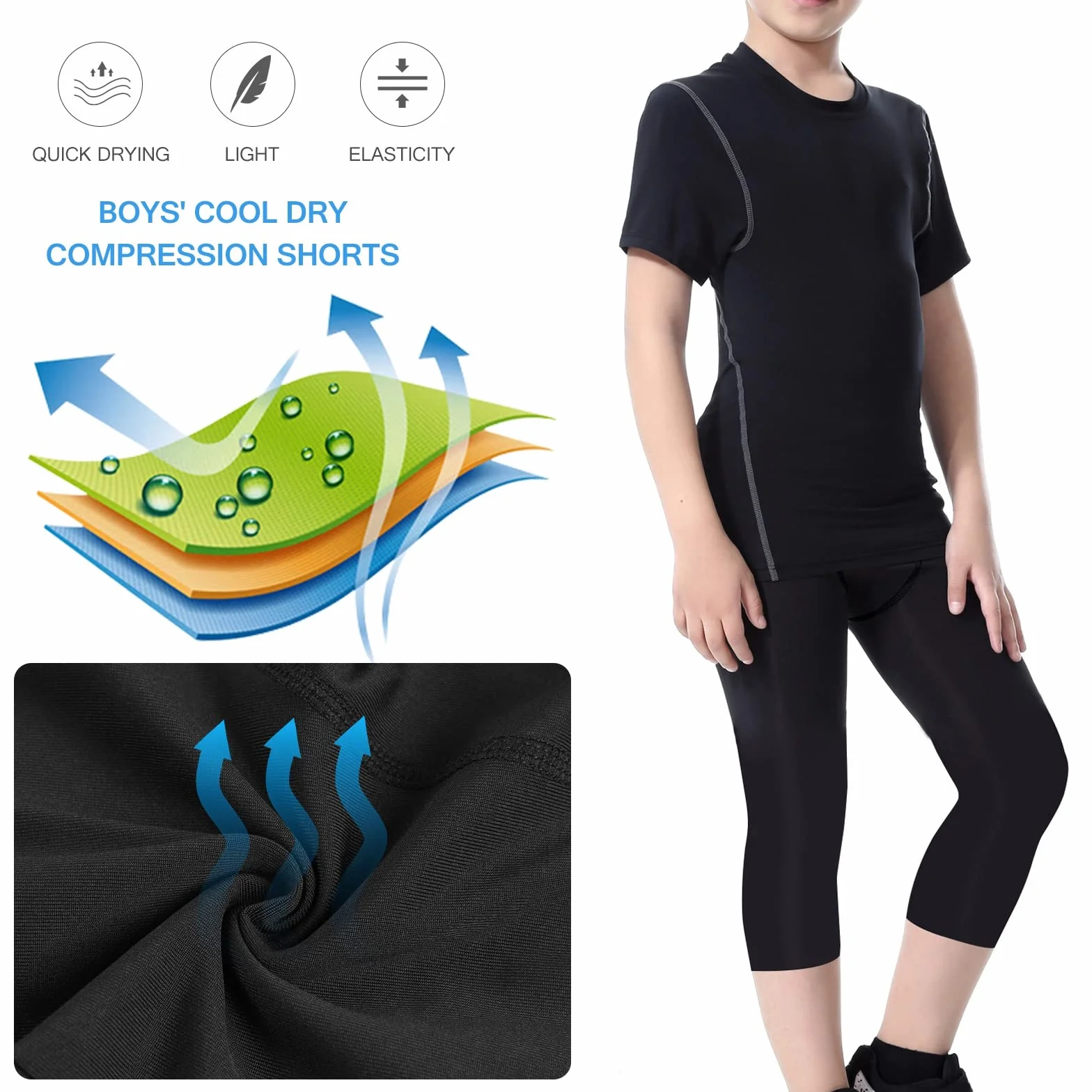 Garçons Jeunes Leggings de Compression 3/4 Collants Couche de Base Pantalon de Course Sportive Capris Enfants pour l’entraînement