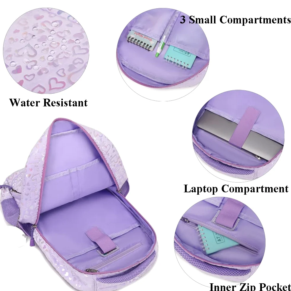 Kimwadalh Cartable Primaire Sac à Dos pour Filles Amour Sac à Dos pour Enfants,Léger Cartable 3 PCS Ensemble de Sacs d'école,avec Sac à Lunch et Trousse