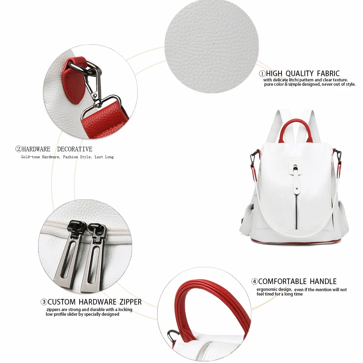 BUKESIYI Femme Sac a Dos Sacs à Main PU Cuir Antivol portés Bandoulière Original Élégant Marque FR78158 Blanc