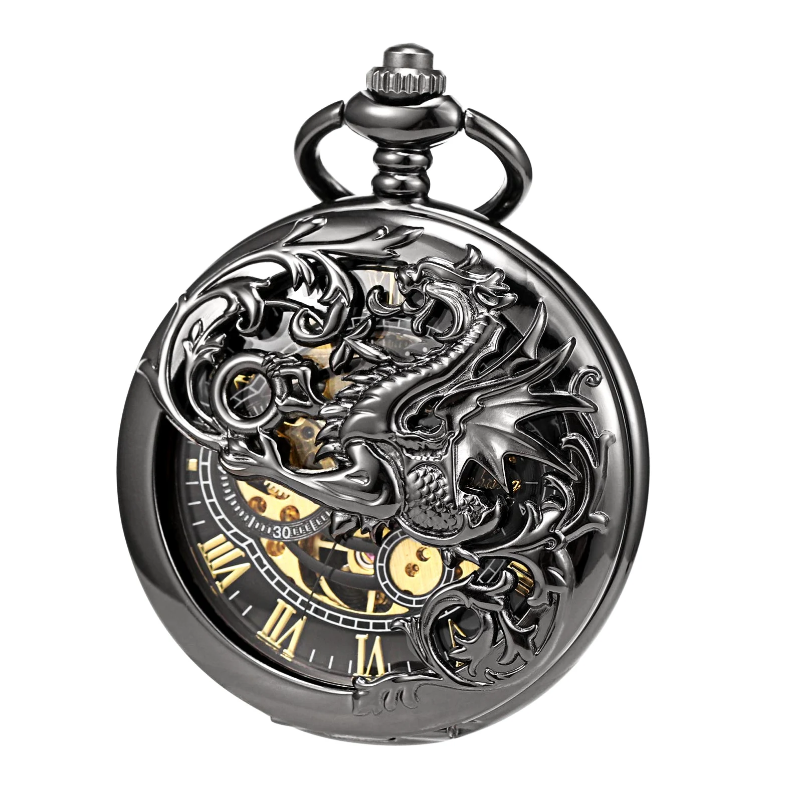 Treewo Montre de Poche Unisexe avec chaîne et rehausseur à Main analogique avec Double charnière et Squelette en Bronze