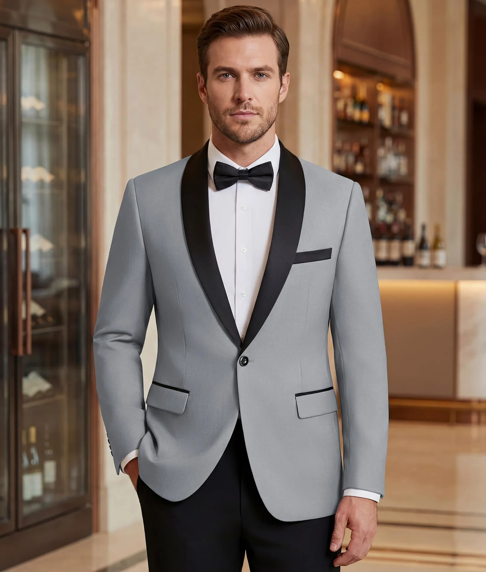 Blazer Homme Slim Fit 1 Bouton Revers Châle Veste de Costume Élégante pour Mariage Business Cérémonie Soirée