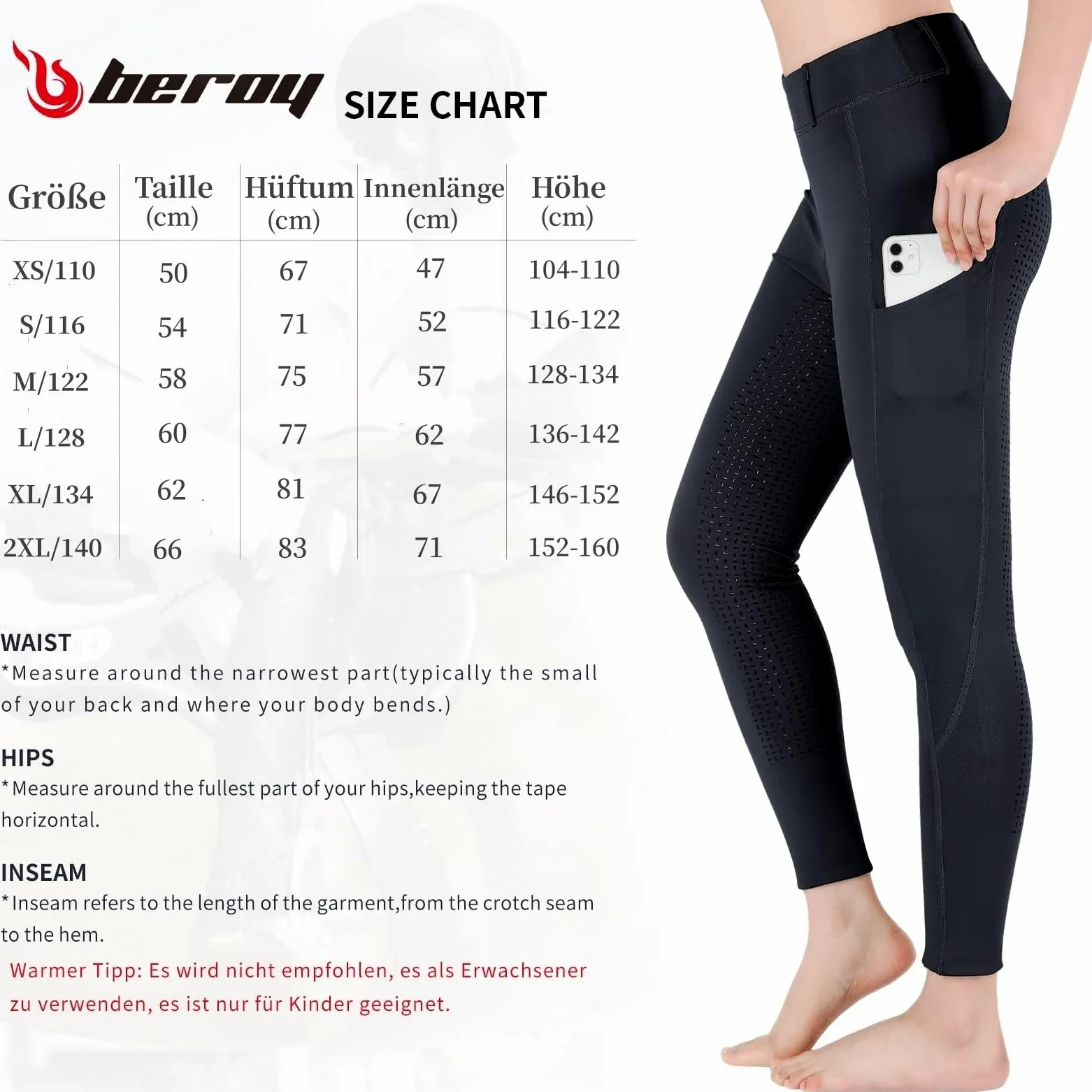 beroy Pantalon d'équitation pour enfant avec empiècement complet avec leggings d'équitation en silicone pour fille avec passants de ceinture et poche pour téléphone portable