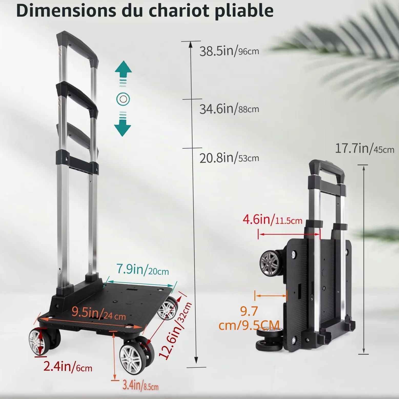 Chariot à dos à roulettes avec sangle de bagage, chariot pliable en alliage d'aluminium pour cartable, sac à dos, chariot de voyage