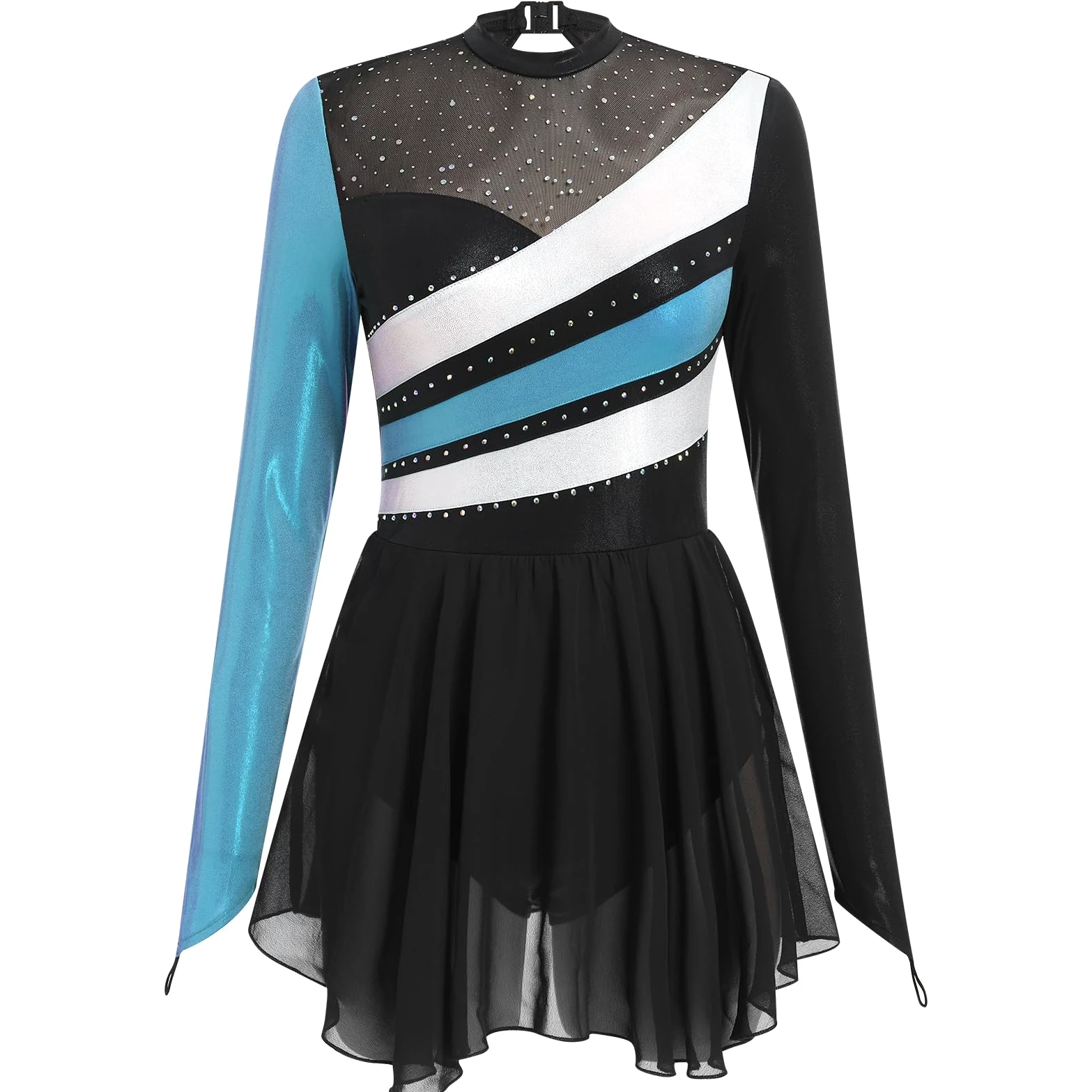 FYMNSI Robe de patinage artistique pour femme - Paillettes métallisées - Manches longues - Justaucorps de danse - Tailles XS à XL