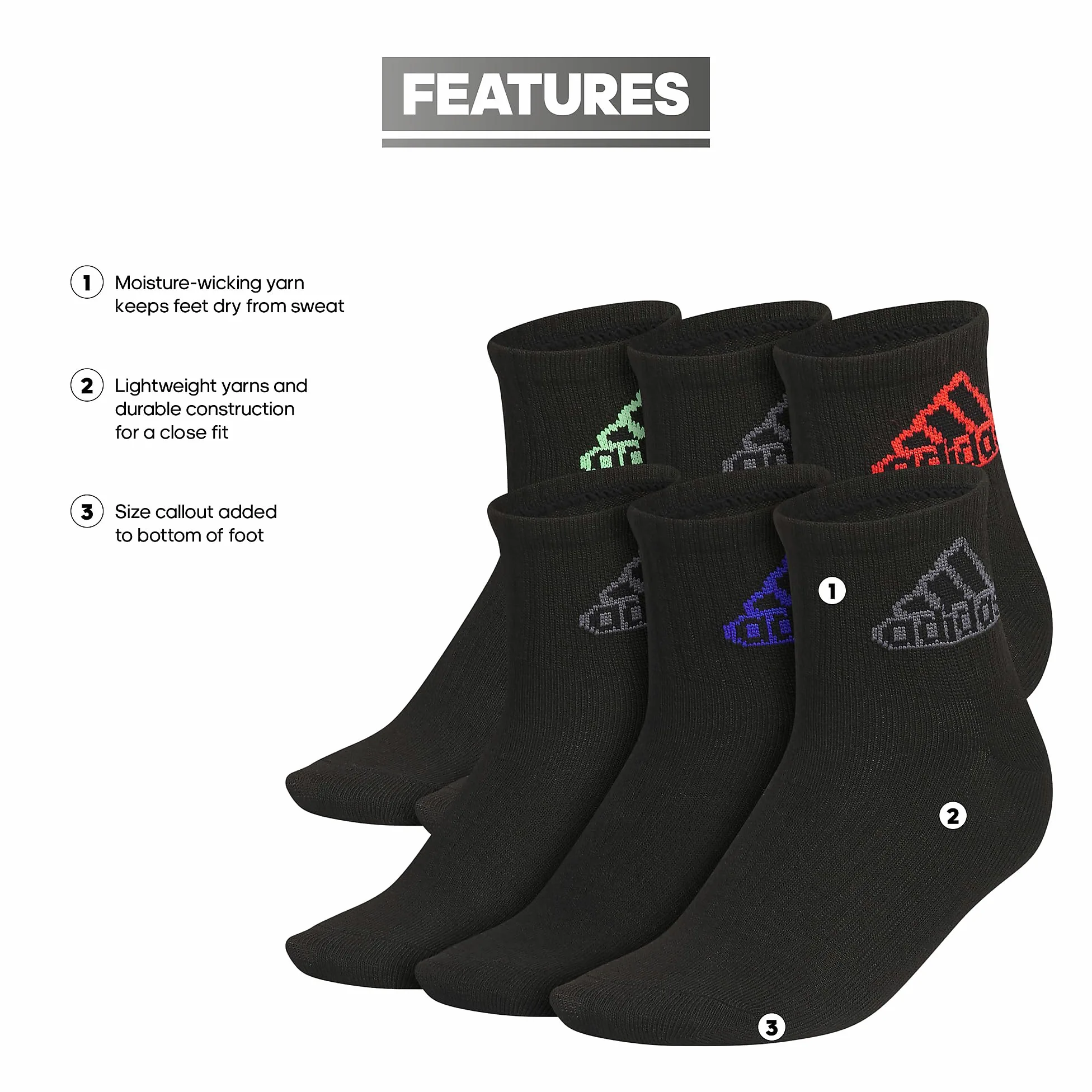adidas Superlite Classic Lot de 6 paires de chaussettes pour enfants, garçons et filles – Légères et respirantes