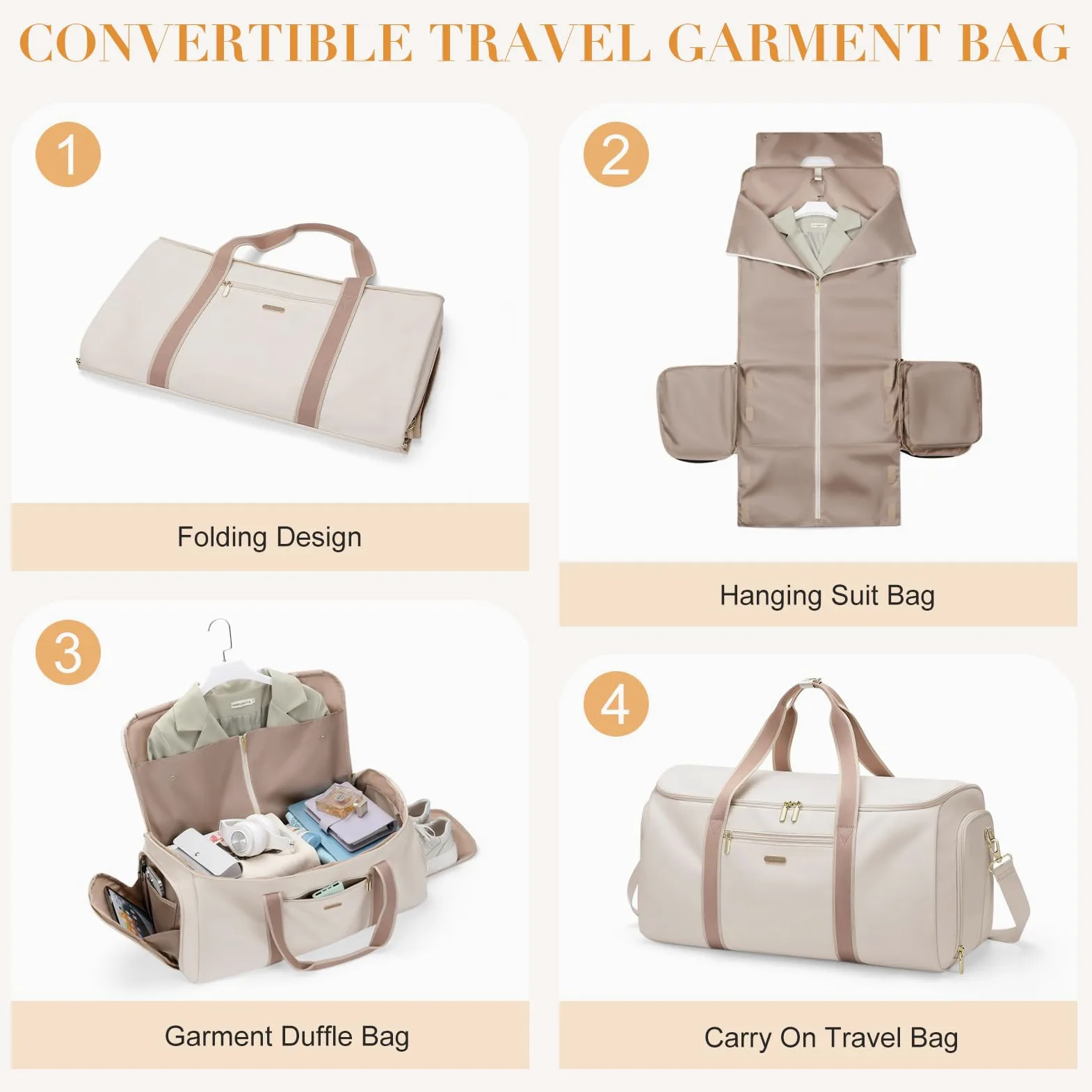 Sac de Voyage Convertible 2 en 1 Sac à Main pour Femme Pliable Blanc Cassé